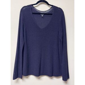 EILEEN FISHER Cotton/Viscose/Silk Blend V-Neck Open Knit Sweater, Sz L